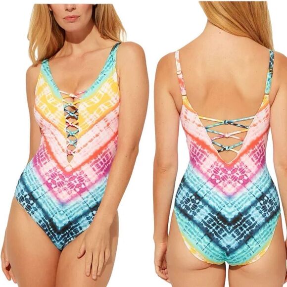 Bleu by Rod Beattie Good Vibrations Lattice-Front One-Piece Swimsuit - Picture 1 of 7